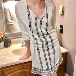 White and Navy Embroidered Crepe Peasant Dress